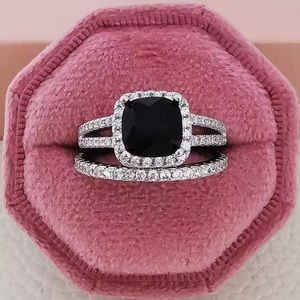 New Big Silver Black Color 925 Sterling Silver Engagement Wedding Ring Set